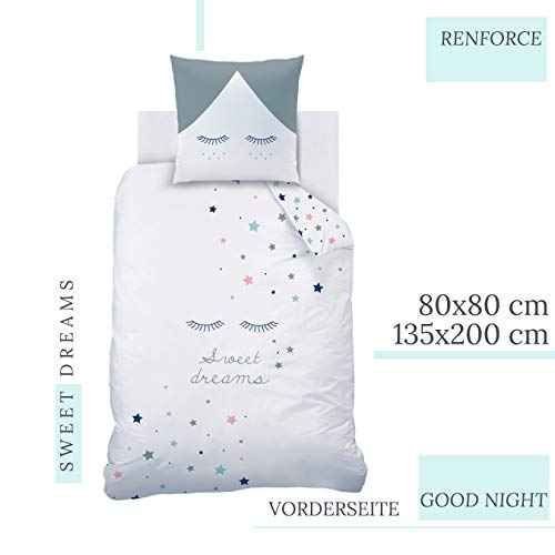 STARS Sweet Dreams Ropa de cama para niñas y niños, motivo reversible con grandes estrellas y pestañas, varios colores, 2 piezas, funda de almohada de 80 x 80 cm + funda de 135 x 200 cm, 100 % algodón