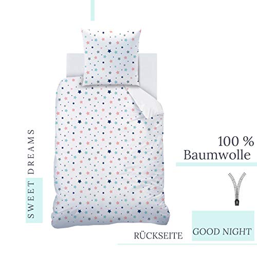 STARS Sweet Dreams Ropa de cama para niñas y niños, motivo reversible con grandes estrellas y pestañas, varios colores, 2 piezas, funda de almohada de 80 x 80 cm + funda de 135 x 200 cm, 100 % algodón