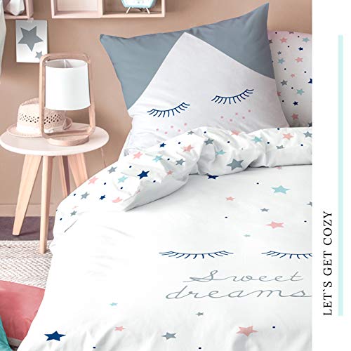 STARS Sweet Dreams Ropa de cama para niñas y niños, motivo reversible con grandes estrellas y pestañas, varios colores, 2 piezas, funda de almohada de 80 x 80 cm + funda de 135 x 200 cm, 100 % algodón