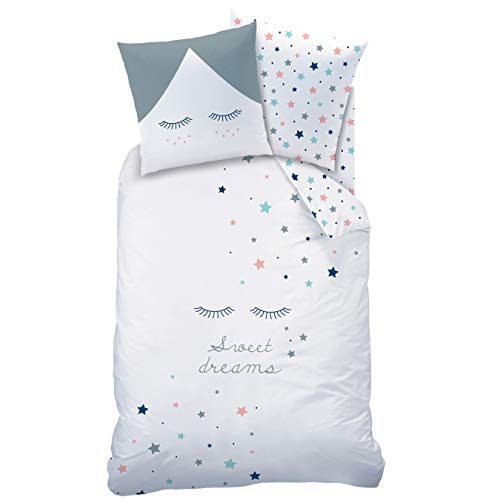 STARS Sweet Dreams Ropa de cama para niñas y niños, motivo reversible con grandes estrellas y pestañas, varios colores, 2 piezas, funda de almohada de 80 x 80 cm + funda de 135 x 200 cm, 100 % algodón