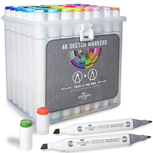 Stationery Island Sketch Markers Pack de 48 colores + Estuche - Rotuladores mezclables de doble punta a base de alcohol Para colorear, dibujar, diseño gráfico, anime, cómic y manga.