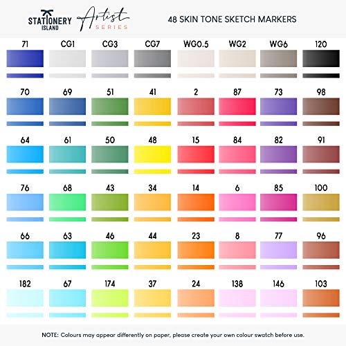 Stationery Island Sketch Markers Pack de 48 colores + Estuche - Rotuladores mezclables de doble punta a base de alcohol Para colorear, dibujar, diseño gráfico, anime, cómic y manga.