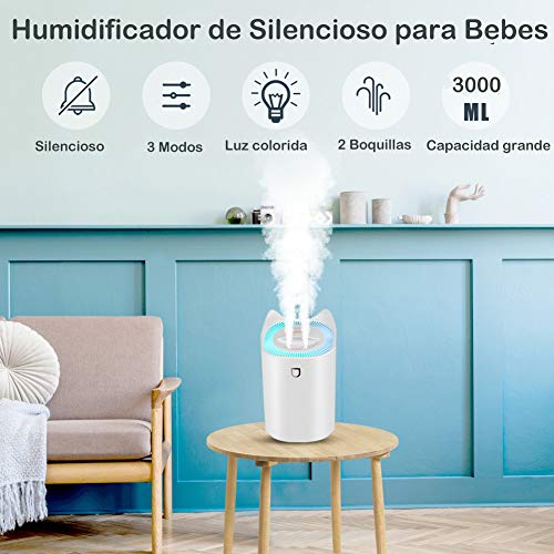 StillCool Humidificador de Silencioso para Bebes, 3L 20 Horas Difusor de Aromas Ultrasónico Auto-Apagado con Luz Colorida, 2 Boquillas y 3 Modos para Dormitorio Oficina y Coche - Blanco