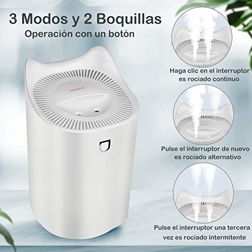 StillCool Humidificador de Silencioso para Bebes, 3L 20 Horas Difusor de Aromas Ultrasónico Auto-Apagado con Luz Colorida, 2 Boquillas y 3 Modos para Dormitorio Oficina y Coche - Blanco