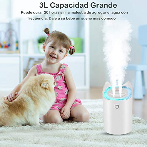 StillCool Humidificador de Silencioso para Bebes, 3L 20 Horas Difusor de Aromas Ultrasónico Auto-Apagado con Luz Colorida, 2 Boquillas y 3 Modos para Dormitorio Oficina y Coche - Blanco