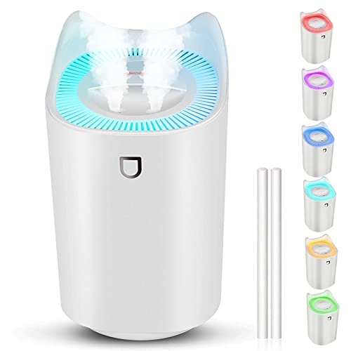 StillCool Humidificador de Silencioso para Bebes, 3L 20 Horas Difusor de Aromas Ultrasónico Auto-Apagado con Luz Colorida, 2 Boquillas y 3 Modos para Dormitorio Oficina y Coche - Blanco