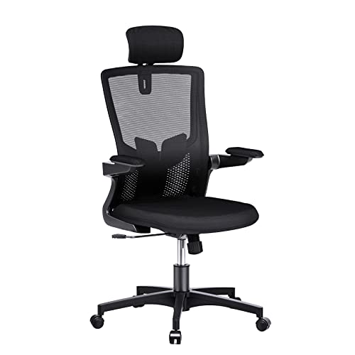 Stonebroo Silla de Oficina ergonómica con Reposabrazos Abatible, Silla de Escritorio, Silla giratoria de Malla Transpirable, Giratorio de 360°, Soporte Lumbar Ajustable, con Apoyacabezas, Negro