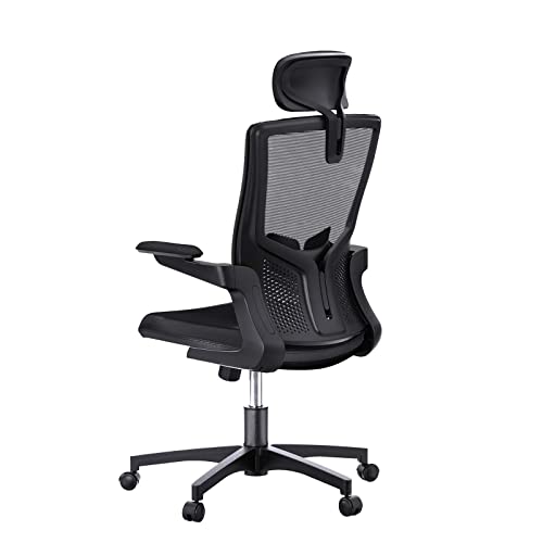 Stonebroo Silla de Oficina ergonómica con Reposabrazos Abatible, Silla de Escritorio, Silla giratoria de Malla Transpirable, Giratorio de 360°, Soporte Lumbar Ajustable, con Apoyacabezas, Negro