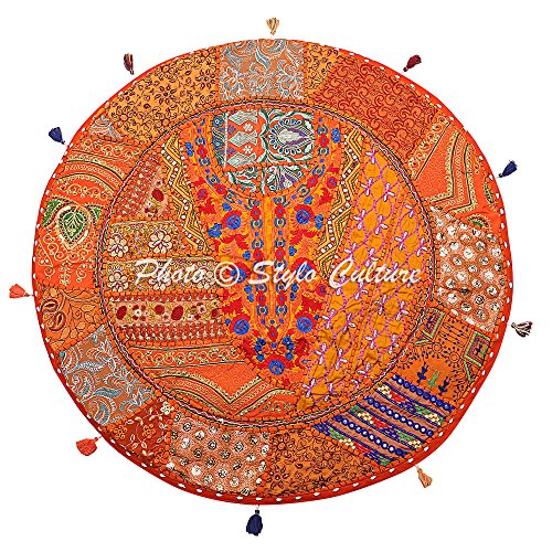 Stylo Culture Étnico Decorativo Ronda Bohemia Cojines De Suelo Sofá Cama Gigantes Patchwork Fundas De Cojin Navidad Naranja 80x80 cm Algodón Bordado Vintage Decoración del Hogar Funda De Almohada