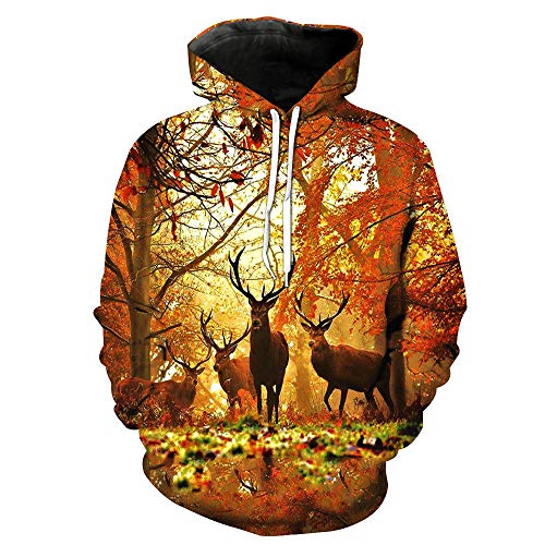 Sudadera Con Capucha Impresa En 3D,Hombres Mujeres Sudaderas Con Capucha De Manga Larga Fantasía Hermosa Vista De Otoño Hojas Rojas Elk Walk Photography Lightwight Unisex Pareja Cálida Chaqueta I