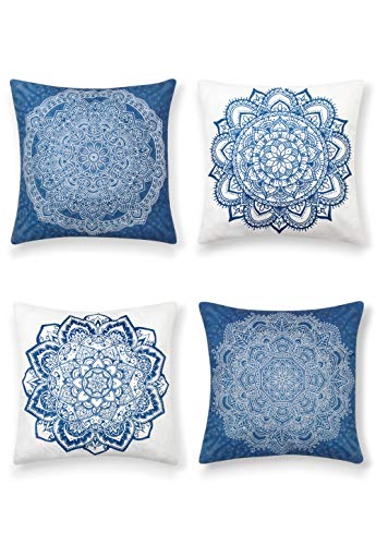 SUMGAR Fundas de Cojínes Mandala de Azules y Blanco de Boho Lino Indio Fundas de Almohada Decorativos de Bohemio para Sala de Estar Sofá Cama Coche 45x45cm Paquete de 4