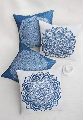 SUMGAR Fundas de Cojínes Mandala de Azules y Blanco de Boho Lino Indio Fundas de Almohada Decorativos de Bohemio para Sala de Estar Sofá Cama Coche 45x45cm Paquete de 4