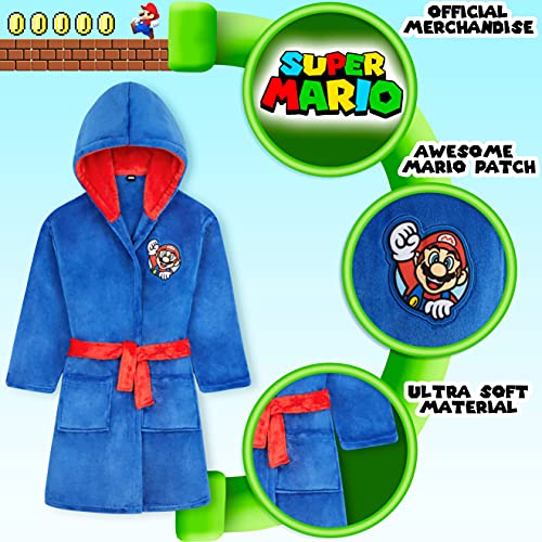 SUPER MARIO Bata Forro Polar Niño, Bata de Casa de Mario, Albornoz Niños Forro Polar 4 - 14 Años, Bata Para Niños Con Capucha (Azul, 11-12 Años)