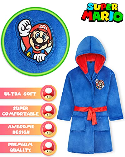 SUPER MARIO Bata Forro Polar Niño, Bata de Casa de Mario, Albornoz Niños Forro Polar 4 - 14 Años, Bata Para Niños Con Capucha (Azul, 11-12 Años)