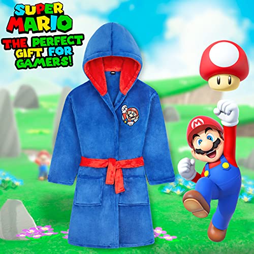 SUPER MARIO Bata Forro Polar Niño, Bata de Casa de Mario, Albornoz Niños Forro Polar 4 - 14 Años, Bata Para Niños Con Capucha (Azul, 11-12 Años)