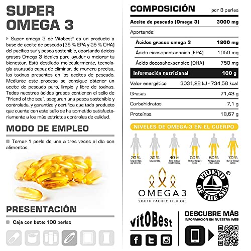 Super Omega 3. 100 perlas de doble potencia. 3 perlas contienen: ácido eicosapentaenoico (EPA) 35% - 1050 mg; ácido docosahexaenoico (DHA) 25% - 750 mg.