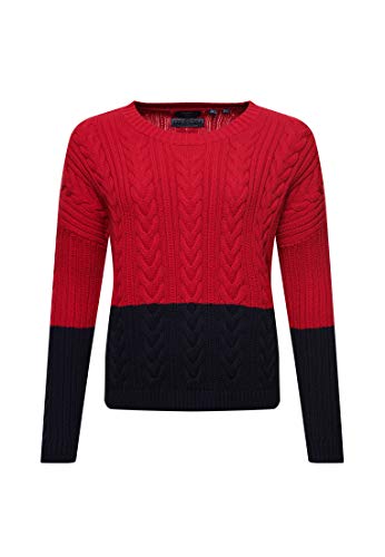 Superdry Mujer Jersey de Punto Trenzado con Cuello Redondo y Hombros caídos Bloques De Color Rojo Lexington 36