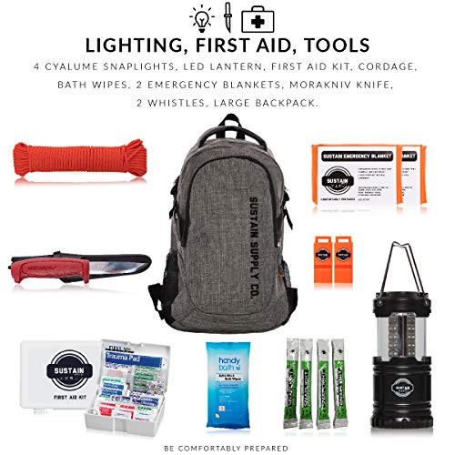 Sustain Supply Co. Essential 2-Person Bolsa de supervivencia de emergencia/Kit - Estar equipado para 72 horas de preparación de desastres con suministros básicos premium para 2 personas