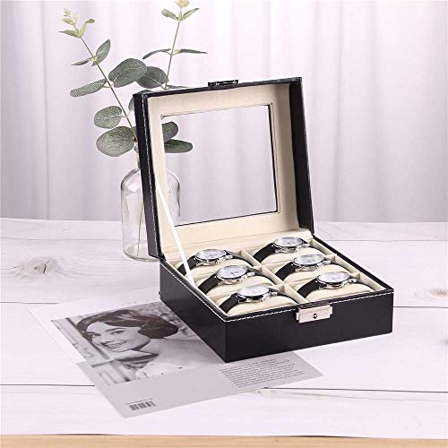 Suytan Reloj Boxes de Almacenamiento 6 Cuadrículas Caja de Almacenamiento de Joyas con Vidrio Top Pu Watch Mostrar Caja de Almacenamiento/Negro