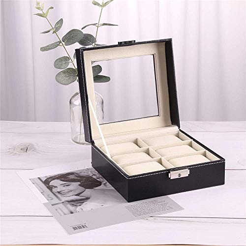 Suytan Reloj Boxes de Almacenamiento 6 Cuadrículas Caja de Almacenamiento de Joyas con Vidrio Top Pu Watch Mostrar Caja de Almacenamiento/Negro