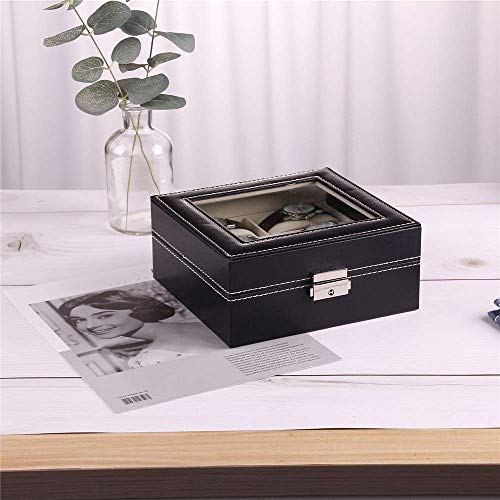 Suytan Reloj Boxes de Almacenamiento 6 Cuadrículas Caja de Almacenamiento de Joyas con Vidrio Top Pu Watch Mostrar Caja de Almacenamiento/Negro