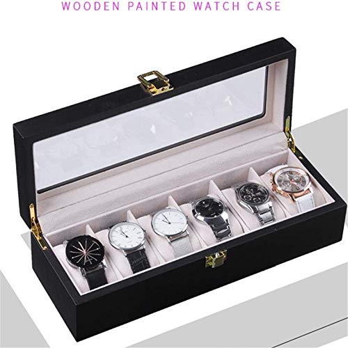 Suytan Reloj Cajas de Almacenamiento 6 Cuadrículas Caja de Almacenamiento de Joyas con Pantalla de Vidrio Top Wood Watch Box Organizer Case/Negro