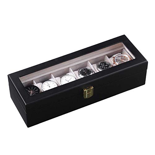 Suytan Reloj Cajas de Almacenamiento 6 Cuadrículas Caja de Almacenamiento de Joyas con Pantalla de Vidrio Top Wood Watch Box Organizer Case/Negro