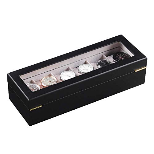 Suytan Reloj Cajas de Almacenamiento 6 Cuadrículas Caja de Almacenamiento de Joyas con Pantalla de Vidrio Top Wood Watch Box Organizer Case/Negro