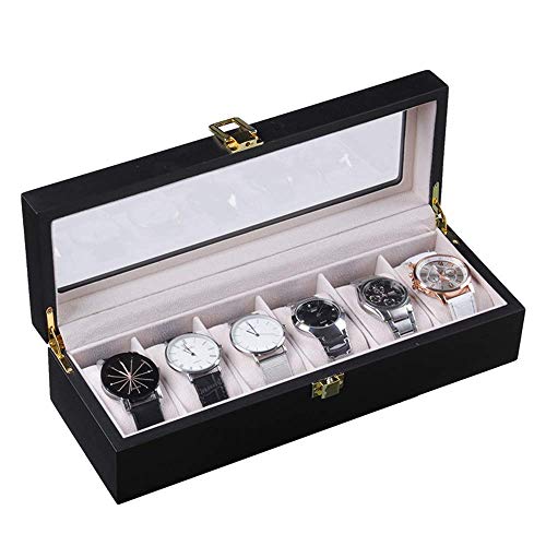 Suytan Reloj Cajas de Almacenamiento 6 Cuadrículas Caja de Almacenamiento de Joyas con Pantalla de Vidrio Top Wood Watch Box Organizer Case/Negro