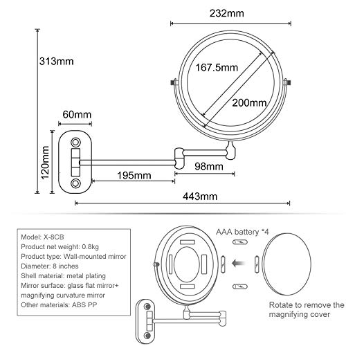 SWAWIS Espejo Maquillaje con Luz, 1x/7x Aumento Espejo Maquillaje Pared 360 Rotación Espejos de Doble Cara, Espejo Maquillaje Extensibles para Baño y Tocador (Plata)