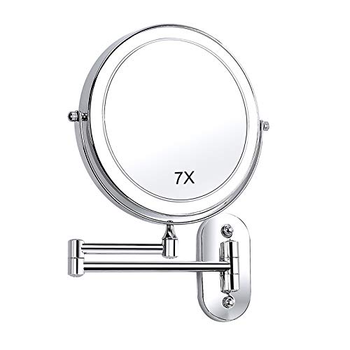 SWAWIS Espejo Maquillaje con Luz, 1x/7x Aumento Espejo Maquillaje Pared 360 Rotación Espejos de Doble Cara, Espejo Maquillaje Extensibles para Baño y Tocador (Plata)