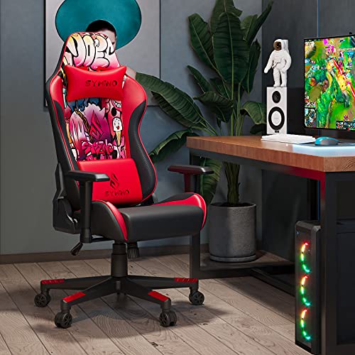 symino Silla Gaming Silla Coche de Carreras Silla de Oficina Ergonómica con Resposabrazos 3D,Silla de Cuero de Pu Con Diseño de Graffiti Para Pc