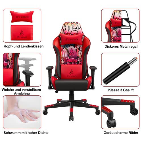 symino Silla Gaming Silla Coche de Carreras Silla de Oficina Ergonómica con Resposabrazos 3D,Silla de Cuero de Pu Con Diseño de Graffiti Para Pc