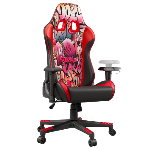 symino Silla Gaming Silla Coche de Carreras Silla de Oficina Ergonómica con Resposabrazos 3D,Silla de Cuero de Pu Con Diseño de Graffiti Para Pc