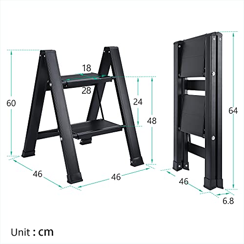 Synlyn Escalera plegable con 2 escalones plegable taburete escalonado Escalón plegable de aluminio, plegable escalera doméstica fácil de hasta 200 kg Diseño escandinavo de grano de madera / negro