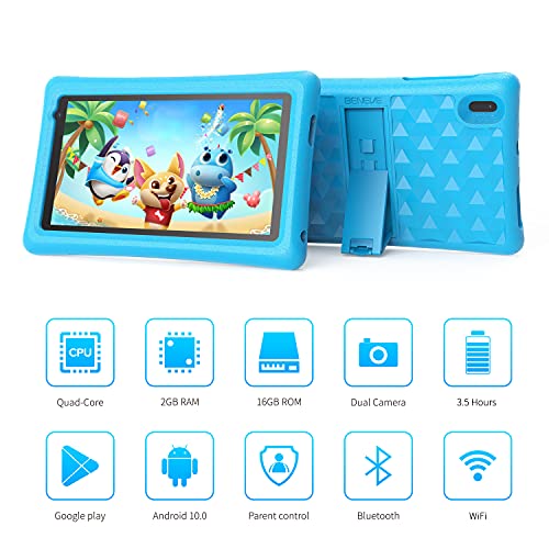 Tablet Niños 7 Pulgadas Android 10 Quad Core BENEVE Tablets PC para Niños WiFi Bluetooth 1024x600 Tablet Infantil 2GB 16GB Doble Cámara Kid-Proof Funda Tablet Niños Educativo (Azul)