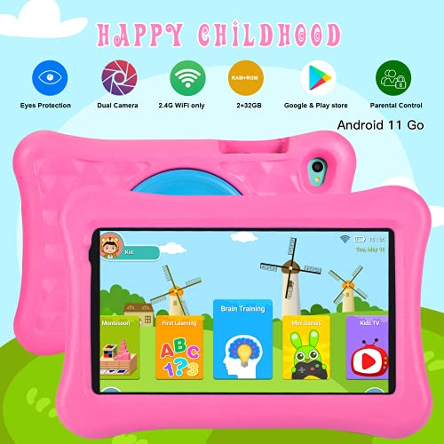 Tablet para niños de 8 Pulgadas AWOW Tablet Infantil, Android 11 Go Quad Core, 2GB RAM 32GB ROM, iWawa Preinstalado, con Kid-Proof Funda y Lápiz Táctil, Control Parental, Doble Cámara, Rosa