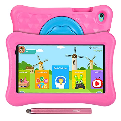 Tablet para niños de 8 Pulgadas AWOW Tablet Infantil, Android 11 Go Quad Core, 2GB RAM 32GB ROM, iWawa Preinstalado, con Kid-Proof Funda y Lápiz Táctil, Control Parental, Doble Cámara, Rosa