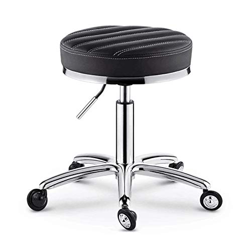 Taburete Tipo Pony con Rueditas，Taburete Acolchado con Negro PU Cuero Sintético Asiento，Altura Regulable 45-55 cm，160kg de Capacidad de Carga，Sillon Pedicura Profesional para Salón, Spa Y Terapia