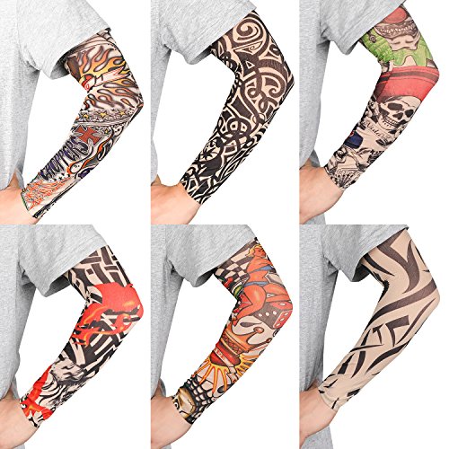 TAGVO Falsas Mangas de Tatuaje, 6pcs Moda Nylon Mangas del Brazo Calentadores de Brazo Deportivo Transpirable Suave y de Secado rápido Bloque Solar Sleevelet Brazo elástico Cubre