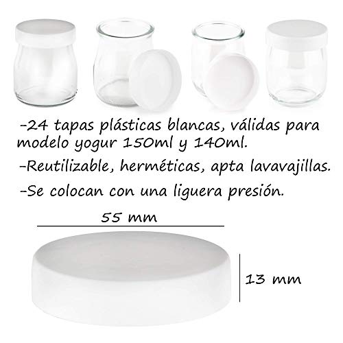 Tapa para vaso yogur. Lote de 24 tapas blancas plásticas, para tarros de yogur, capacidad 143 ml, 150ml.