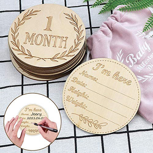 Tarjetas de hitos de madera para bebés 13 piezas 26 diseños Discos de apoyo para fotos de hitos para bebés y meses, juegos de regalo para baby shower y recién nacidos (estilo redondo1)