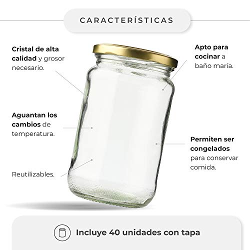 Tarros de Cristal para conservas Pack 40 Unidades de Botes de Cristal con Tapa frascos de Vidrio con Tapas Incluidas recipientes de Cristal para Alimentos de 720ml estanco. (40 Unidades)