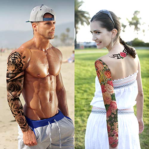 Tatuaje temporal extra grande 8 hojas Tatuajes falsos de brazo completo y 8 hojas Etiqueta engomada del tatuaje de medio brazo para hombres y mujeres (16 hojas)