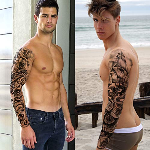 Tatuaje temporal extra grande 8 hojas Tatuajes falsos de brazo completo y 8 hojas Etiqueta engomada del tatuaje de medio brazo para hombres y mujeres (16 hojas)