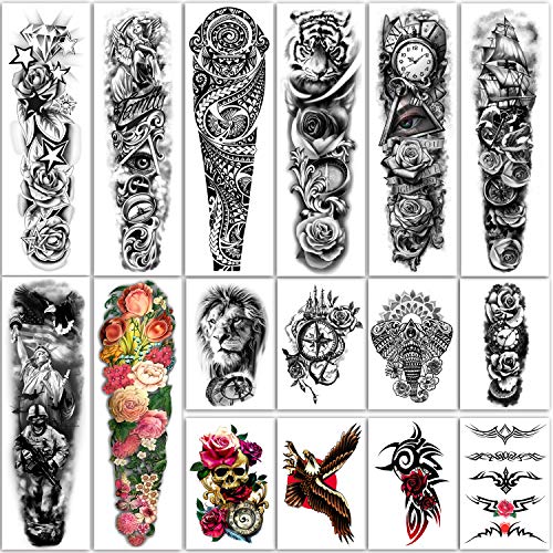 Tatuaje temporal extra grande 8 hojas Tatuajes falsos de brazo completo y 8 hojas Etiqueta engomada del tatuaje de medio brazo para hombres y mujeres (16 hojas)