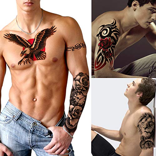 Tatuaje temporal extra grande 8 hojas Tatuajes falsos de brazo completo y 8 hojas Etiqueta engomada del tatuaje de medio brazo para hombres y mujeres (16 hojas)