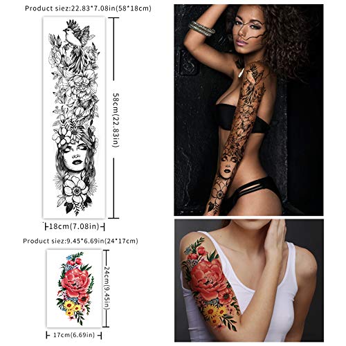 Tatuajes temporales de brazo completo a prueba de agua 8 hojas y tatuaje de hombro de medio brazo 10 hojas, pegatinas de tatuaje extragrandes y duraderas para hombres y mujeres (22.83"X 7.1")