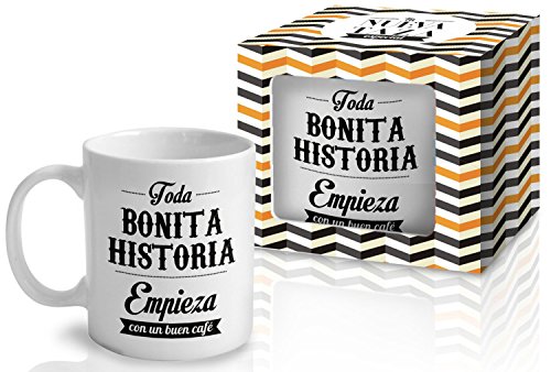 Taza Cerámica para Desayuno en Color Blanco de 300 ml, Un Regalo Original con Frases Motivadoras - "Toda bonita historia empieza con un buen café"