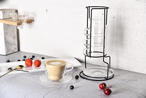 Tazas de doble pared con asa, apilables con soporte y platillos, tazas de espresso, tazas de té y café (4 x 200 ml con plato), vidrio de borosilicato, apto para lavavajillas, hecho a mano